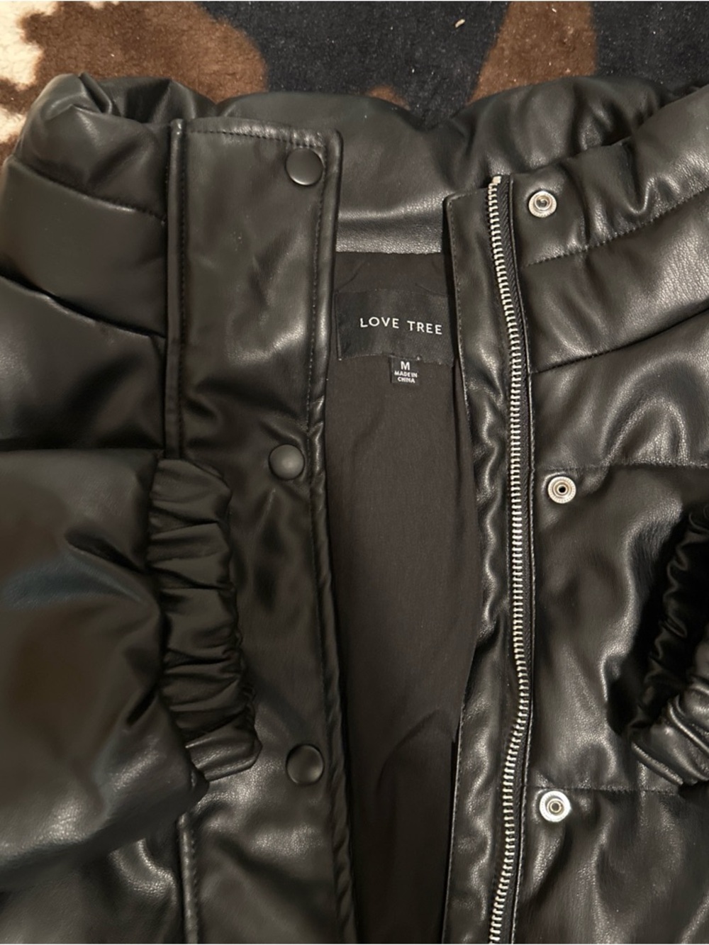 Love Tree Black Faux Leather Puffer Jacket with Ruched Pocket Detail - Picture 2 of 5